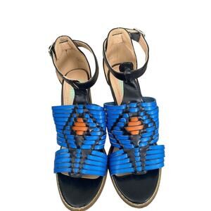 7.5 Plume FarylRobin Blue Orange Strappy Sandals Stack Heel Ankle Strap Shoes An